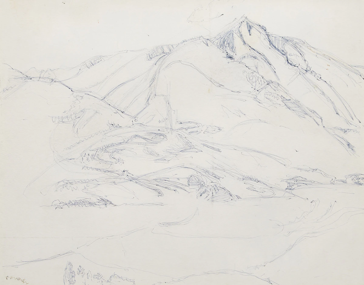 Frederick Horsman Varley, Valley and Peaks, pen drawing