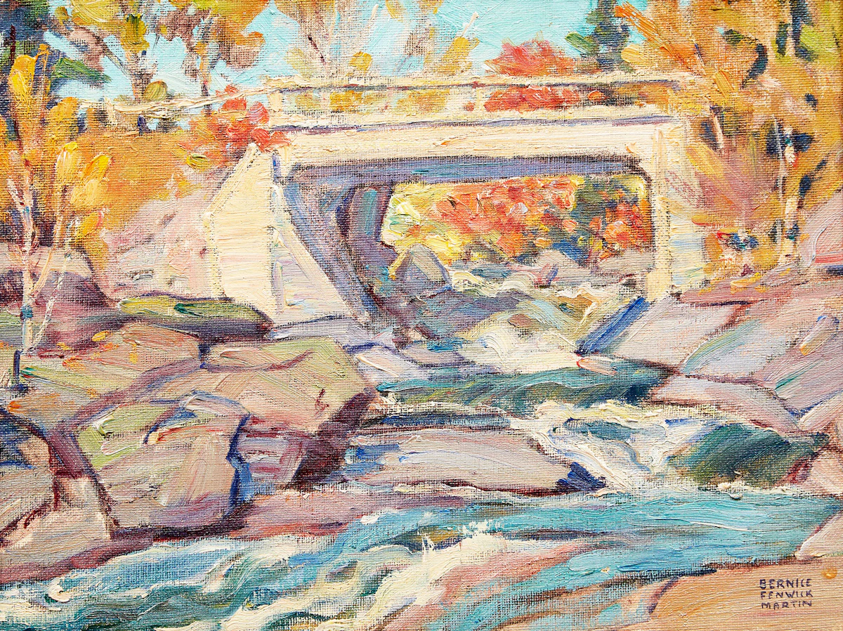 Bernice Fenwick Martin, Buttermilk Falls, Burk’s Falls, Ontario, Magnetwan River, c. 1932, oil on board, circa 1932