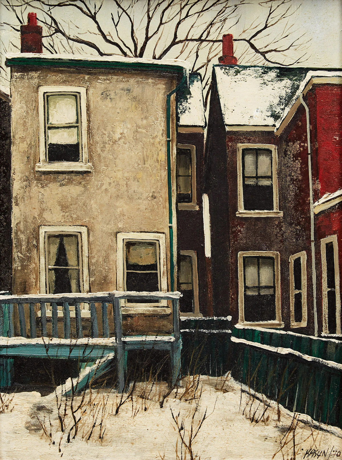 John Kasyn, Old Stucco House, Austin Ave. , oil on board, 1970