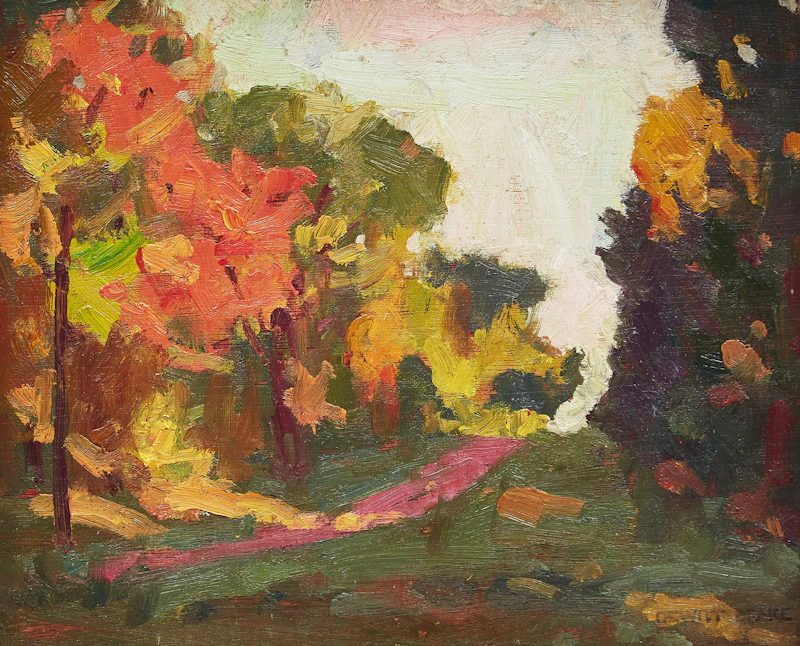 Dewitt Drake, Road Through Autumn Woods; Cabins Amid Trees