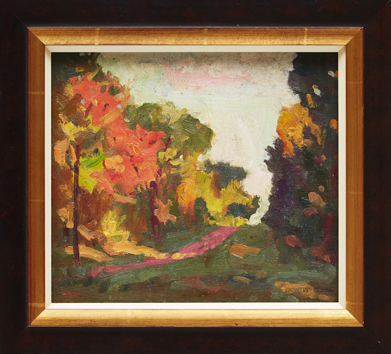 Dewitt Drake, Road Through Autumn Woods; Cabins Amid Trees, double-sided oil on board - view 2