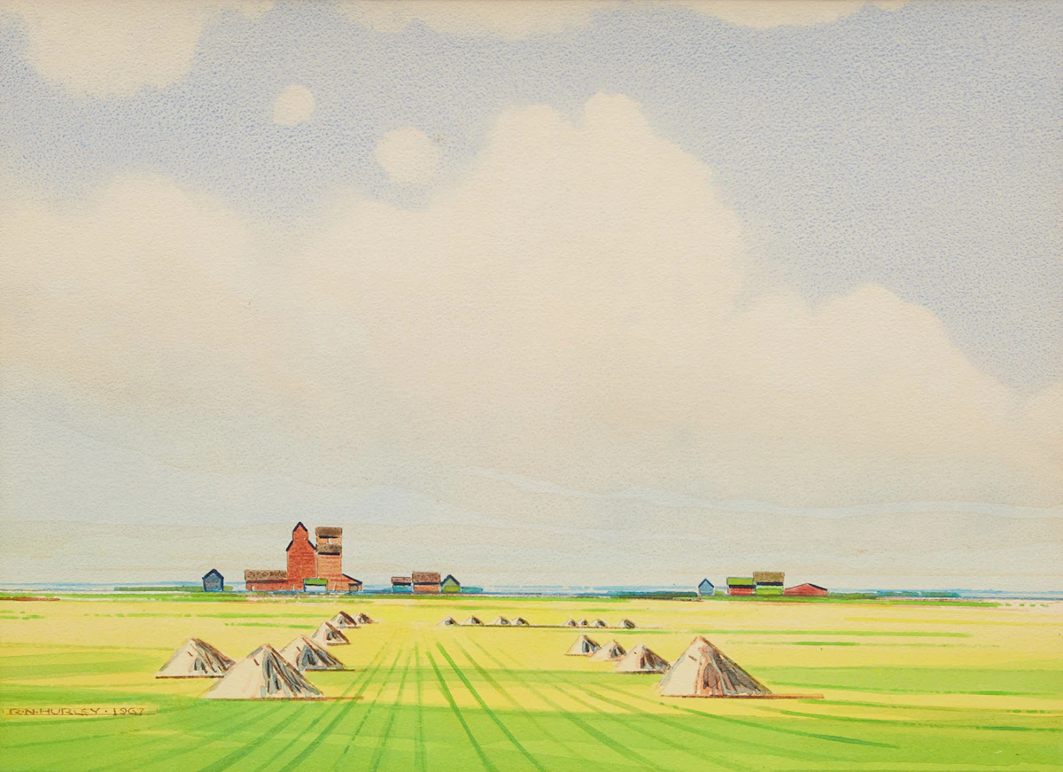 Robert N. Hurley, Farm Landscape with Haystacks, watercolour, 1967
