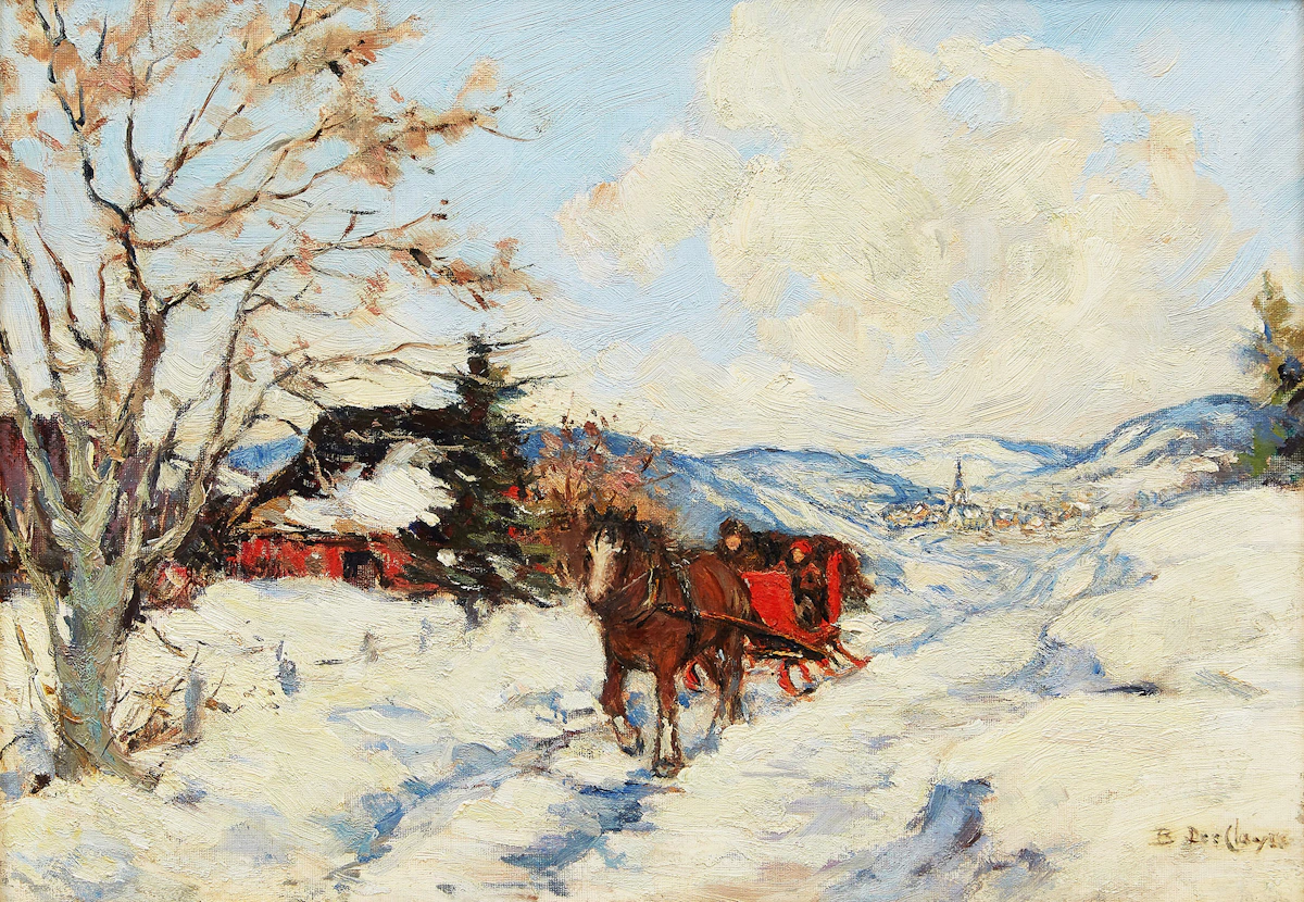 Berthe Des Clayes, Sleigh Scene, Winter , oil on canvas board