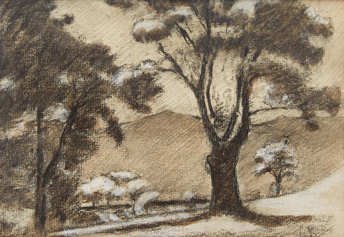 Henri Beau, Paysage avec des arbres, charcoal and watercolour