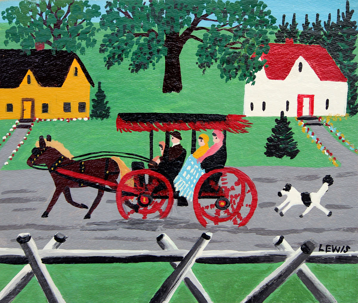 Maud Lewis, Carriage Ride Through Town, mixed media on board