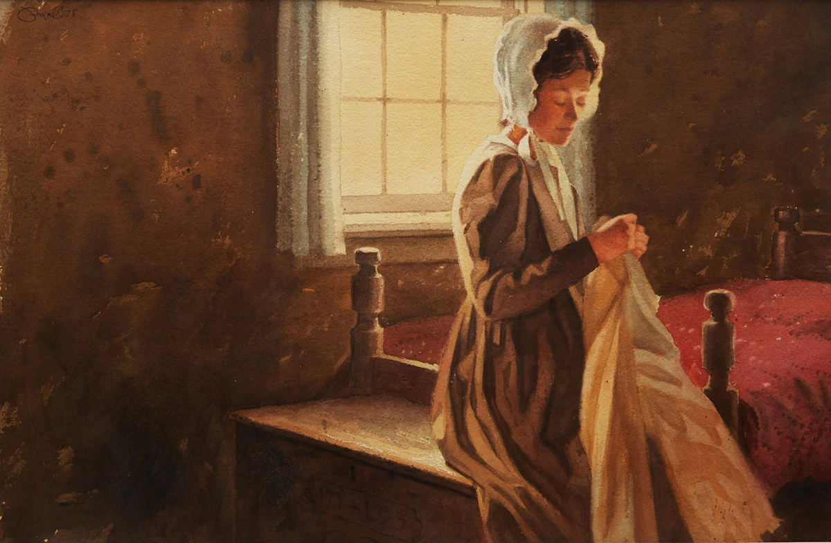 Rolfe Pryne, Mending a Hem, watercolour, 1978