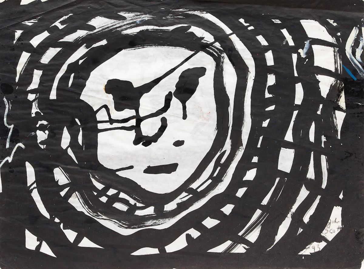 John Scott, Ringed Face / Echo, black ink and coloured paint on paper, 1993