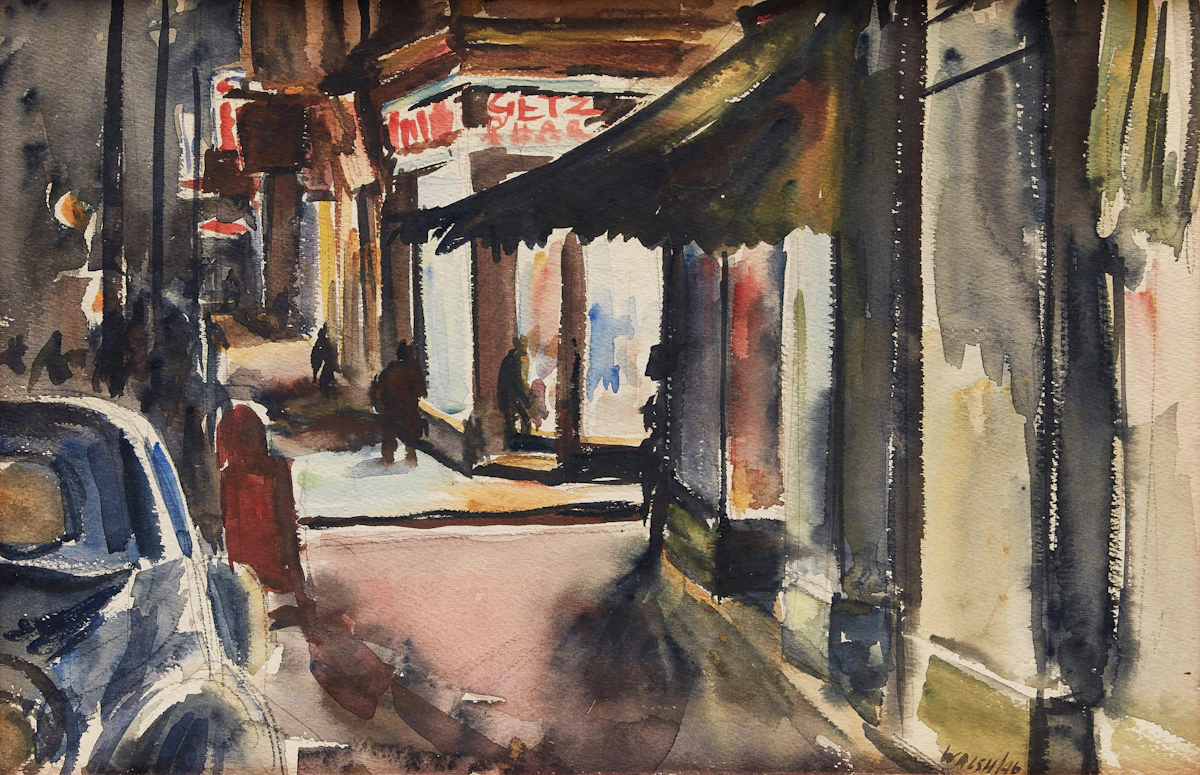 John Stanley Walsh, City Sidewalk, watercolour, 1946