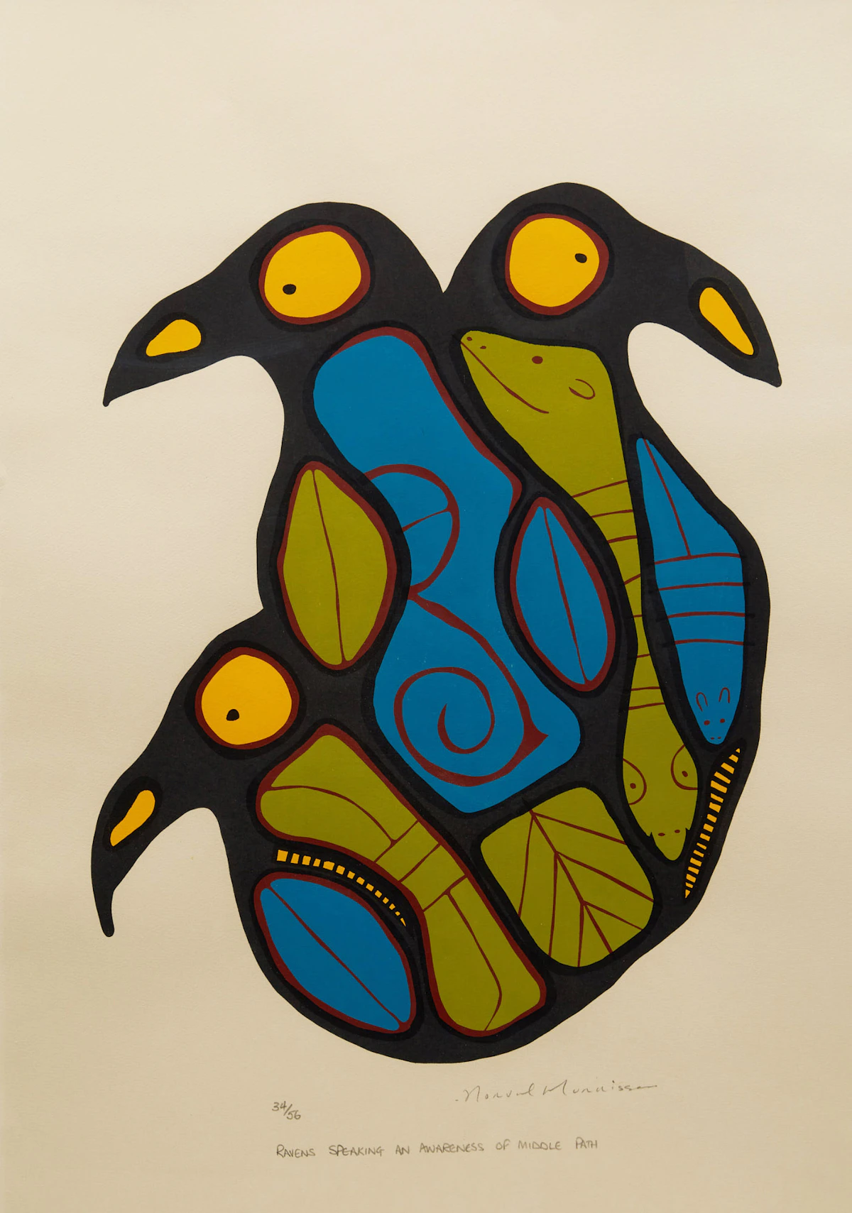 Norval Morrisseau, Raven Speaking on Awareness of Middle Path, colour serigraph