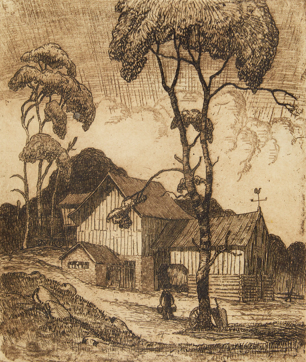 Stanley Francis Turner, Farm Scene, etching