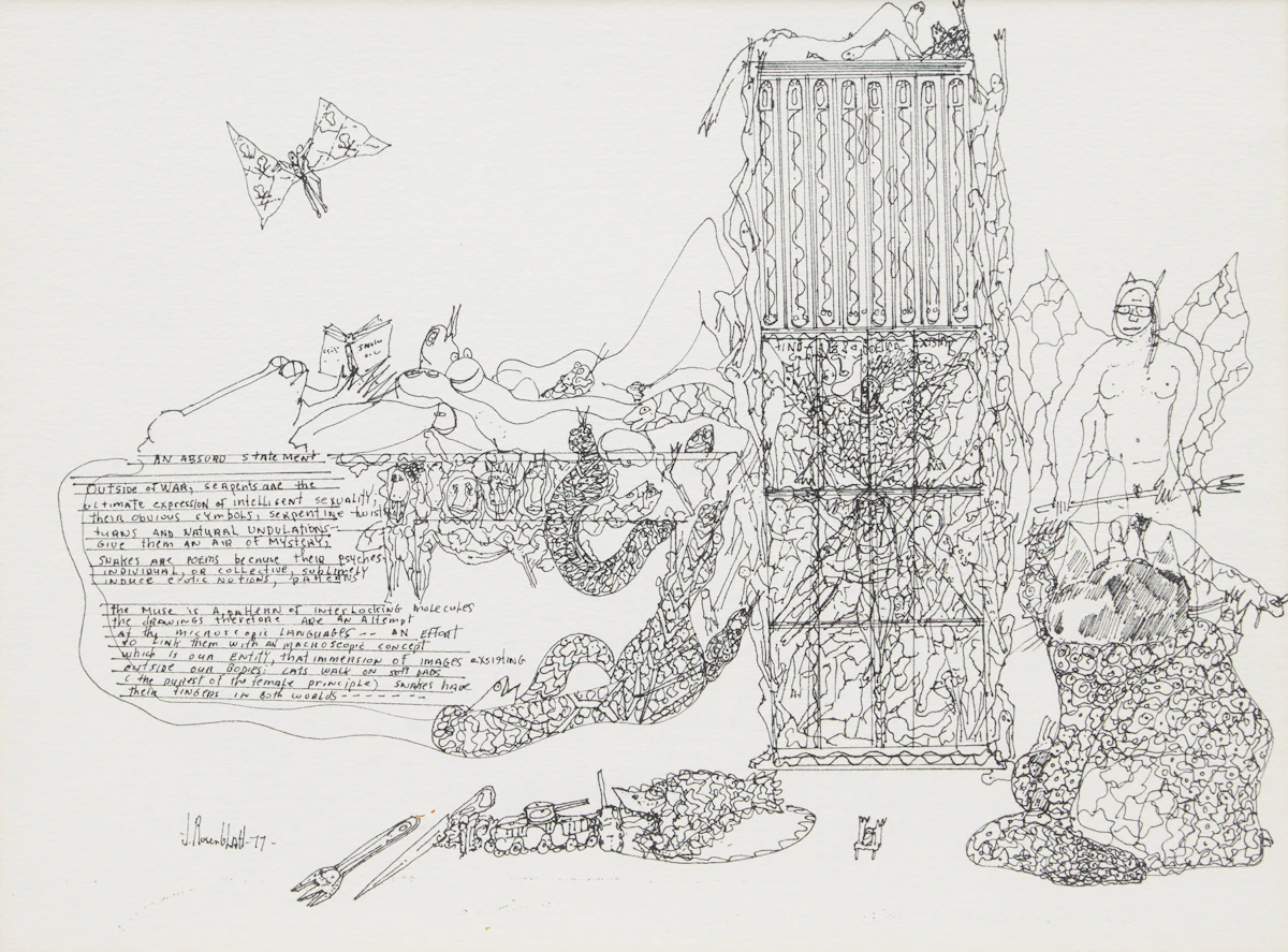 Joe Rosenblatt, Untitled (An Absurd Statement), pen and ink drawing, 1977