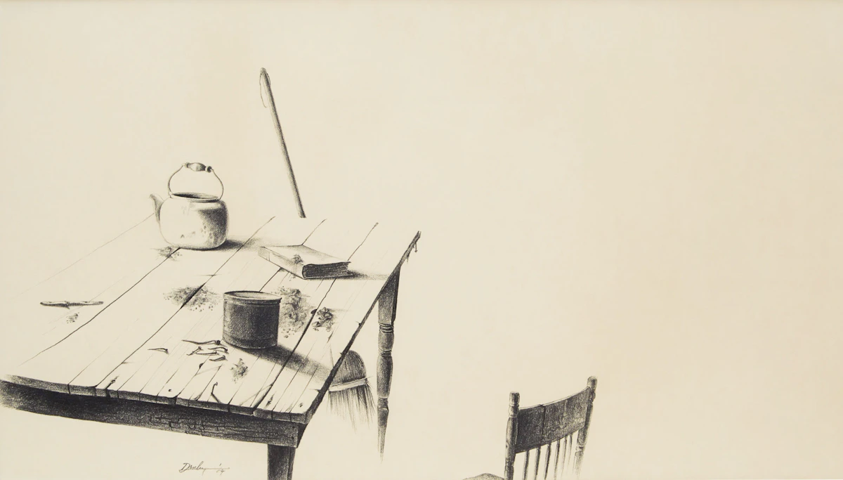 Kenneth Danby, Kitchen Table, pencil drawing, 1964
