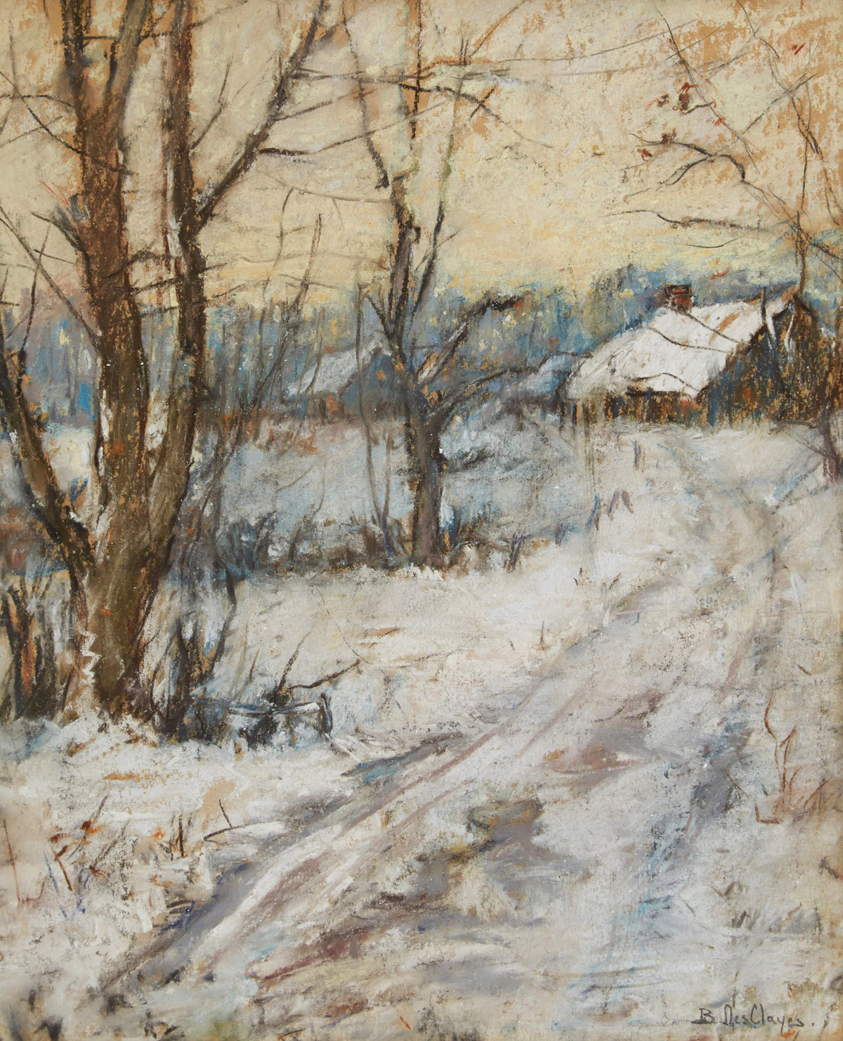 Berthe Des Clayes, Country Farm in Winter, pastel on paper