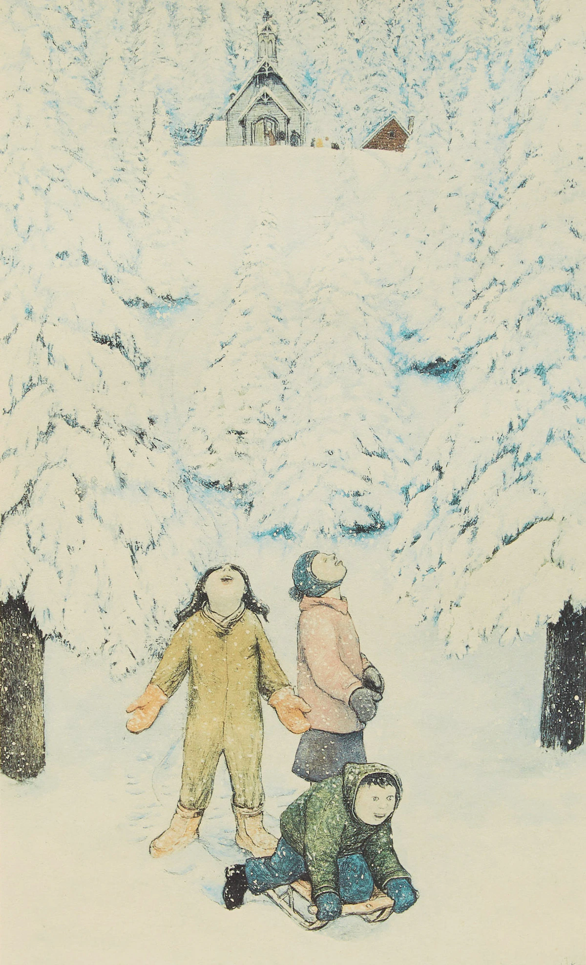 William Kurelek, Excitement Over First Heavy Snow, colour lithograph