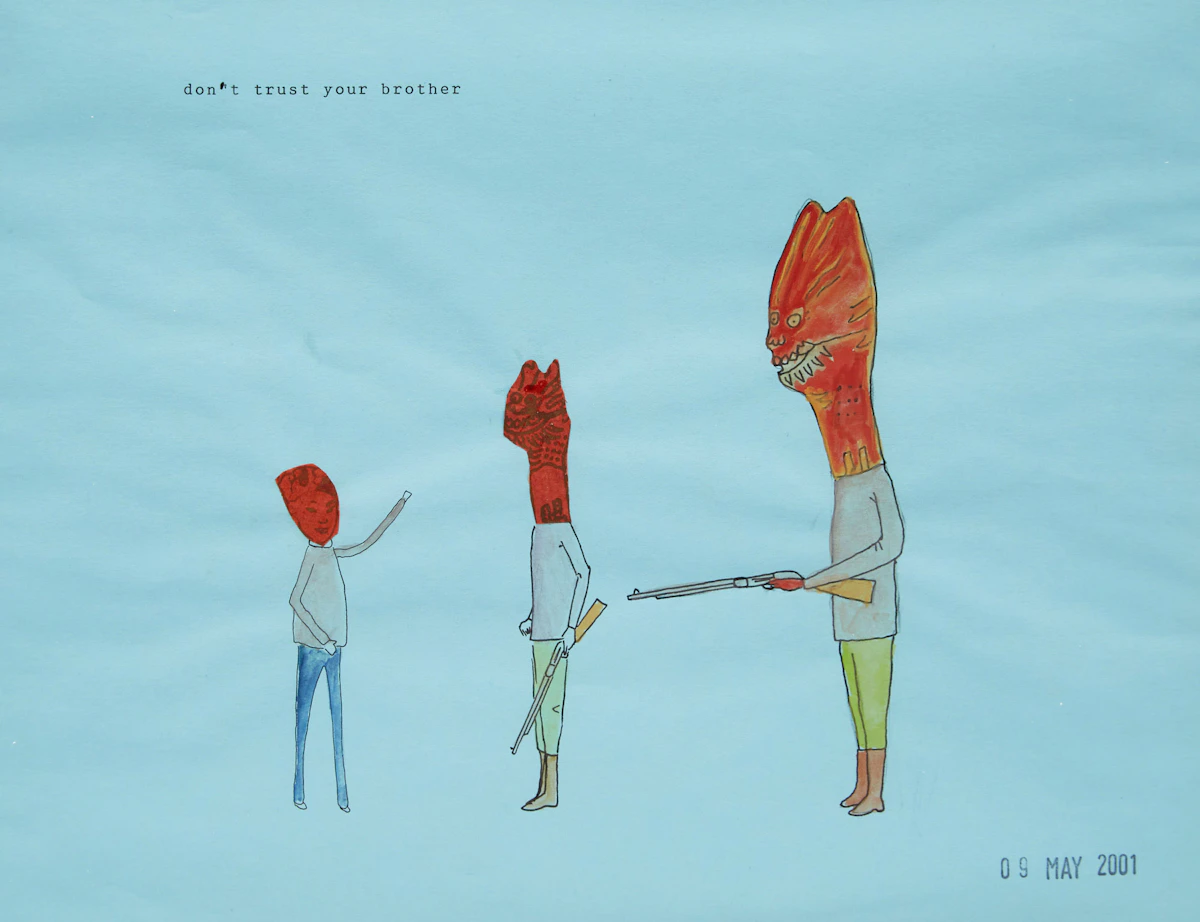 Marcel Dzama, Don’t Trust Your Brother, ink and watercolour on paper, 2001