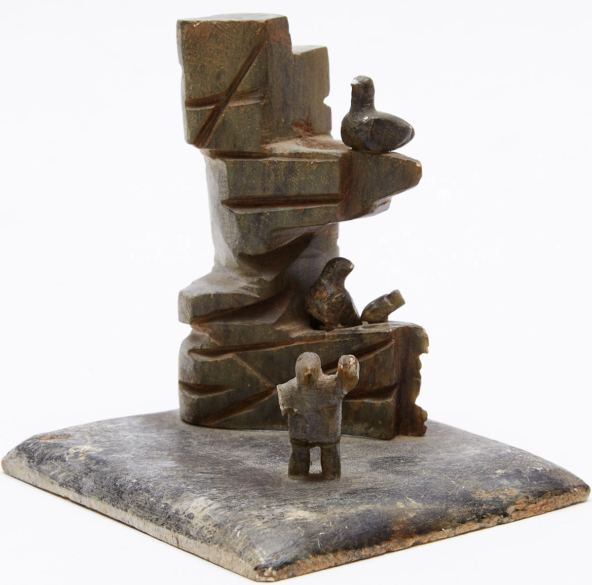 Daniel Kanatsiaq, Composition; Birds in Rookery & Figure Throwing Stones, stone; segments glued to base