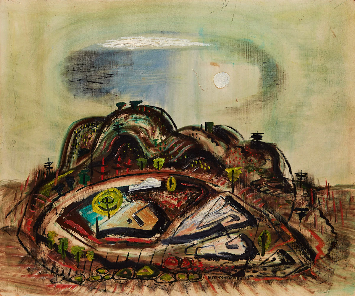 William John Bertram Newcombe, Landscape in Green, oil on board, 1953