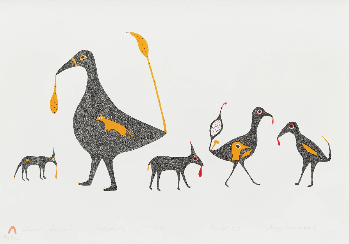 Ikayukta Tunnillie, Timiat Qimiklu, lithograph, 1978