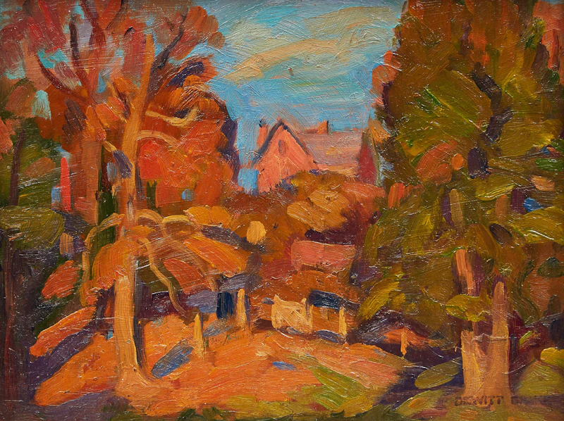 Old Trees and House on a Hill by Dewitt Drake
