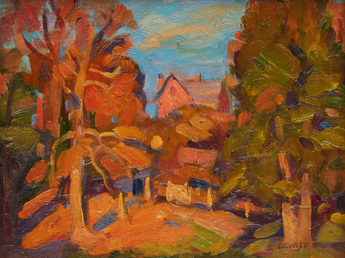 Dewitt Drake, Old Trees and House on a Hill, oil on board