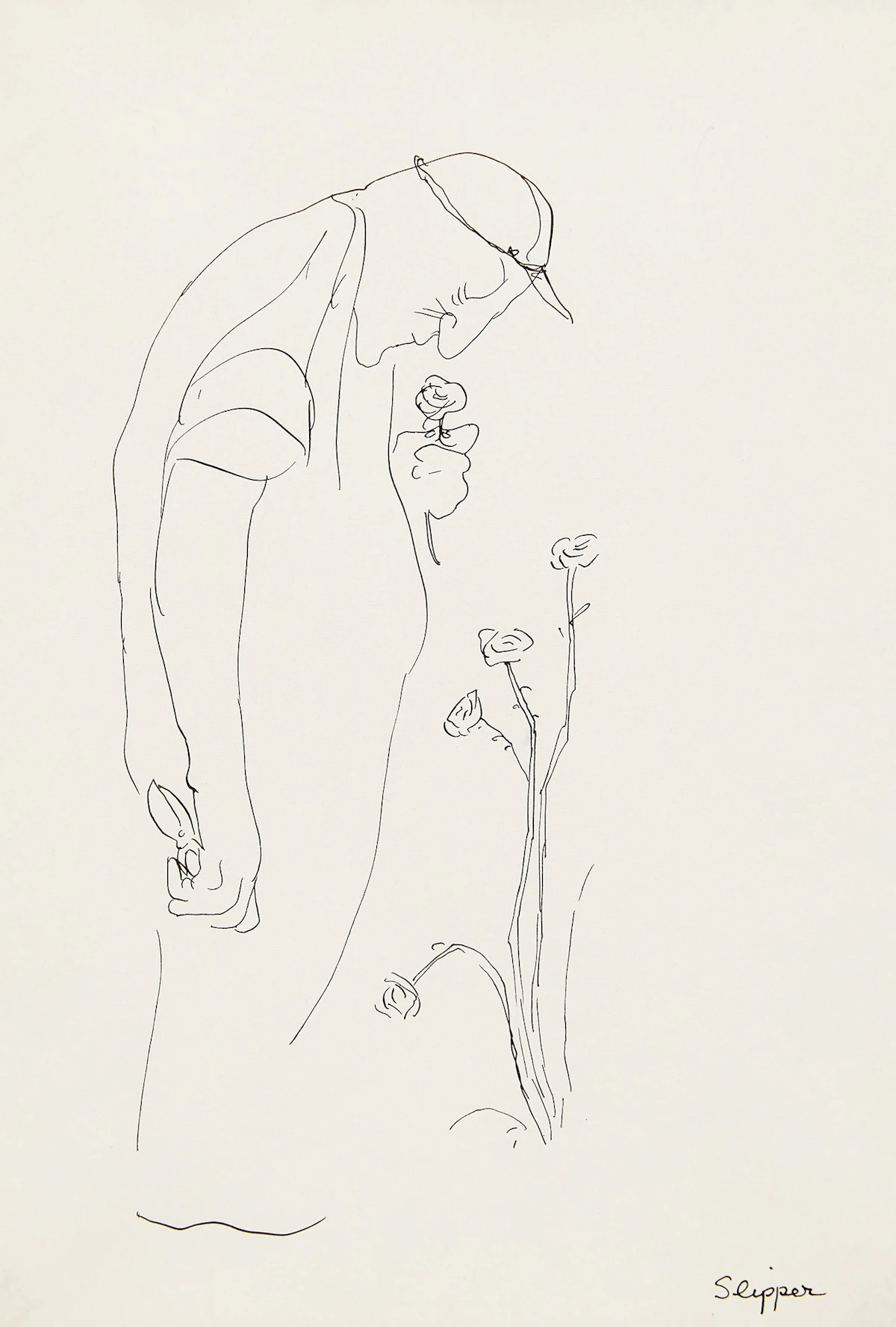 Gary Slipper, Untitled (Picking Roses), ink drawing
