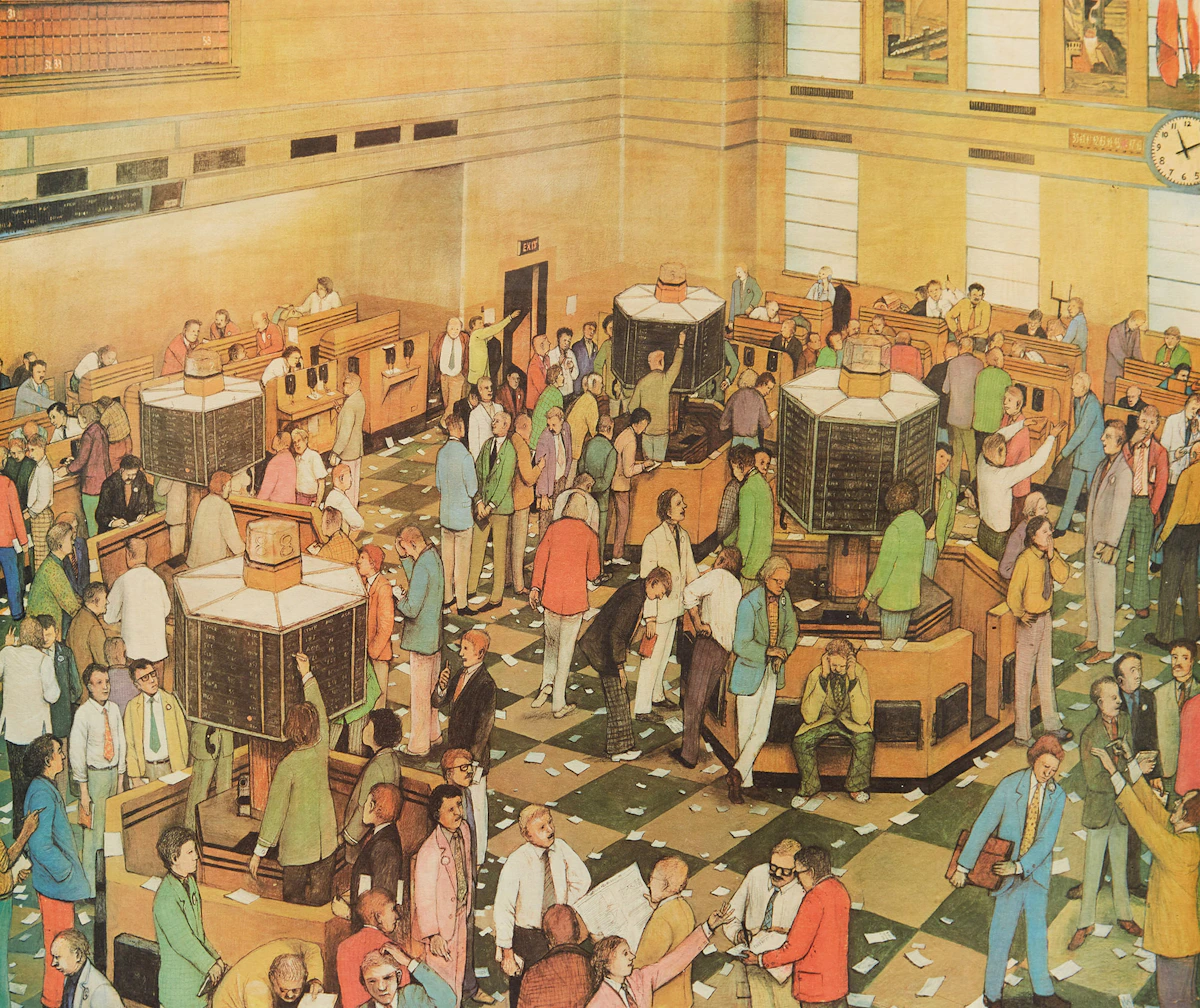 William Kurelek, Light Trading Day, Toronto Stock Exchange, colour lithograph