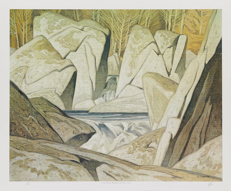 Rock Cluster Madawaska River, 1963; On the York River; Pink Farm House by Alfred Joseph Casson