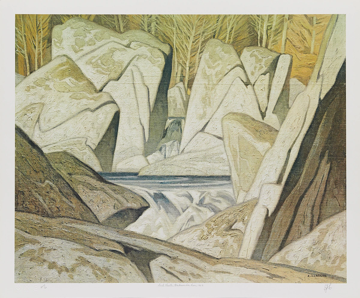 Alfred Joseph Casson, Rock Cluster Madawaska River, 1963; On the York River; Pink Farm House , three colour serigraphs