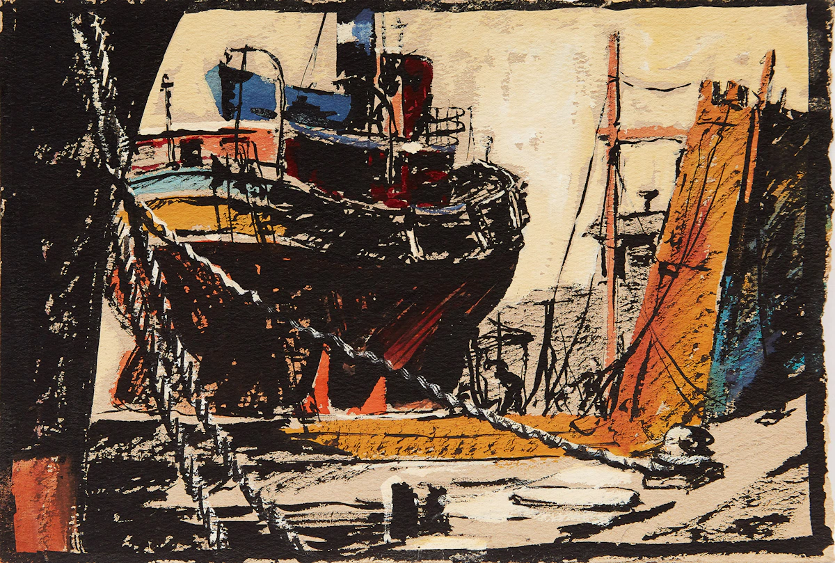 Avery Shaw, Shipyard, Construction Site, two watercolours