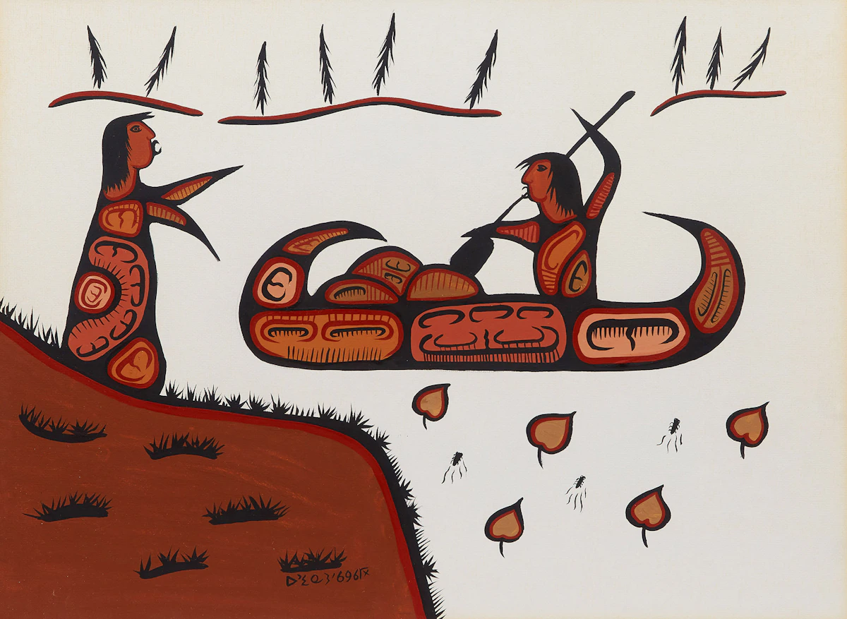 Robert Kakegamic, Canoeing, acrylic on paper, 1969