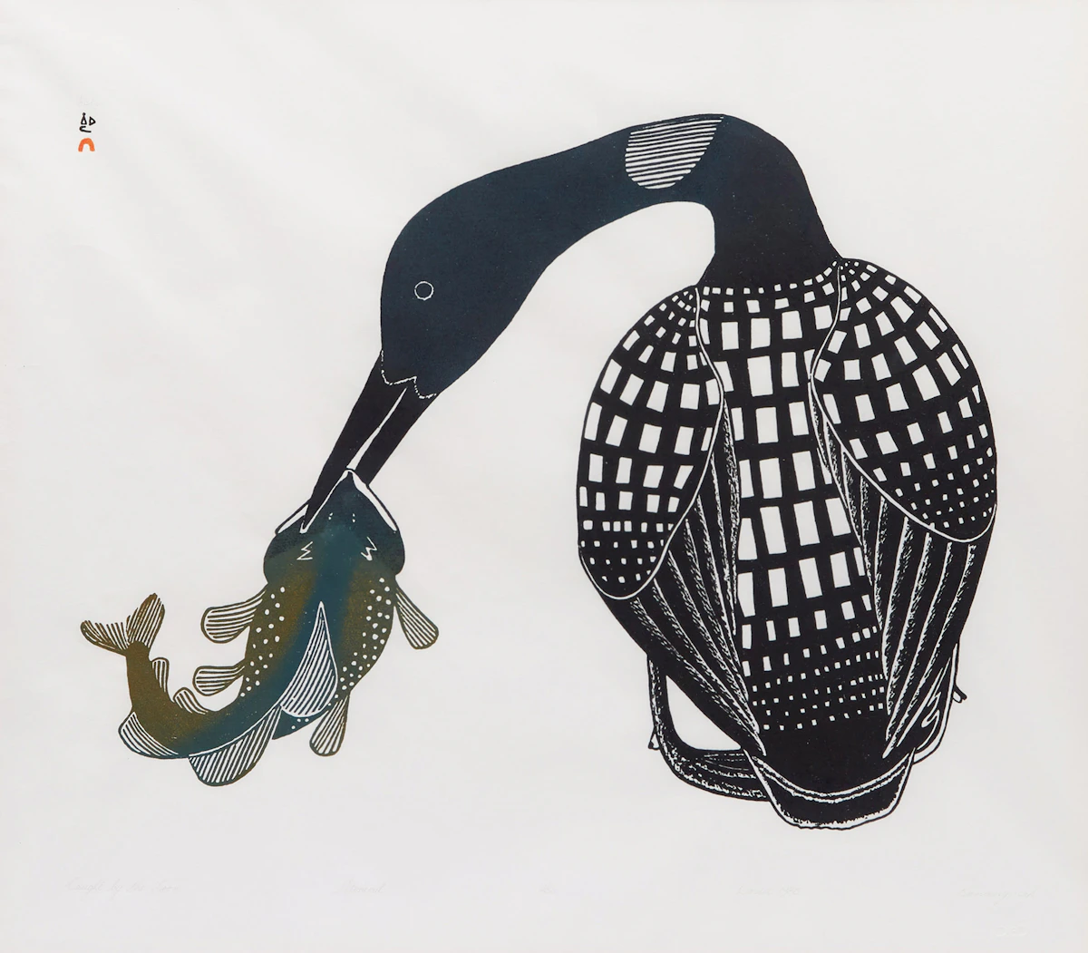 Kananginak Pootoogook, Caught by the Loon, colour stonecut, 1985