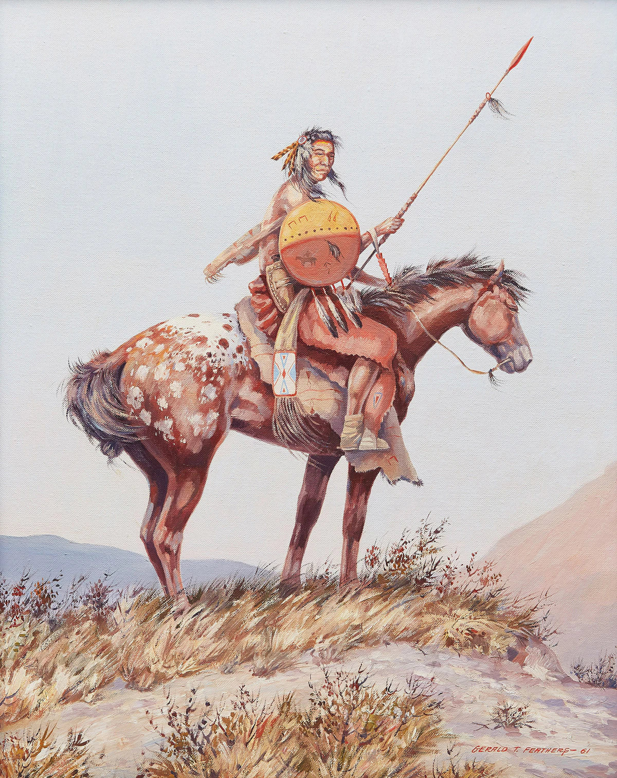 Gerald Tailfeathers, On the Lookout (Blood Scout / Chief Flying Cloud), oil on canvas board, 1961