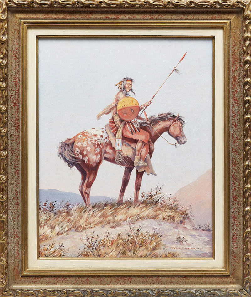 Gerald Tailfeathers, On the Lookout (Blood Scout / Chief Flying Cloud), oil on canvas board, 1961 - view 2