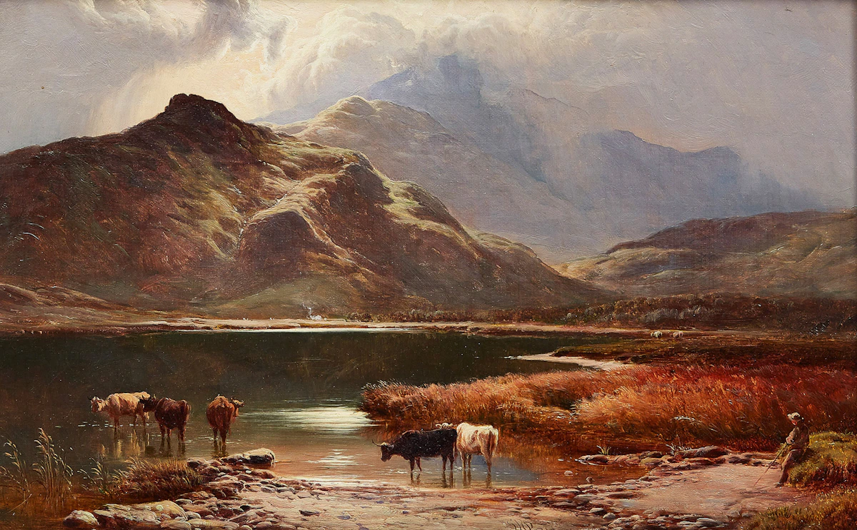 Sidney Richard Percy, Cattle Watering, Scottish Highlands , oil on canvas