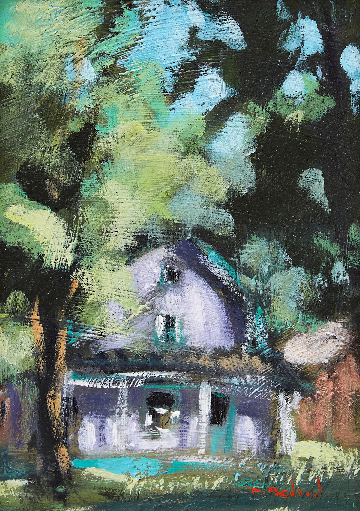 Pierre Bédard, La maison sous les arbres, oil on board