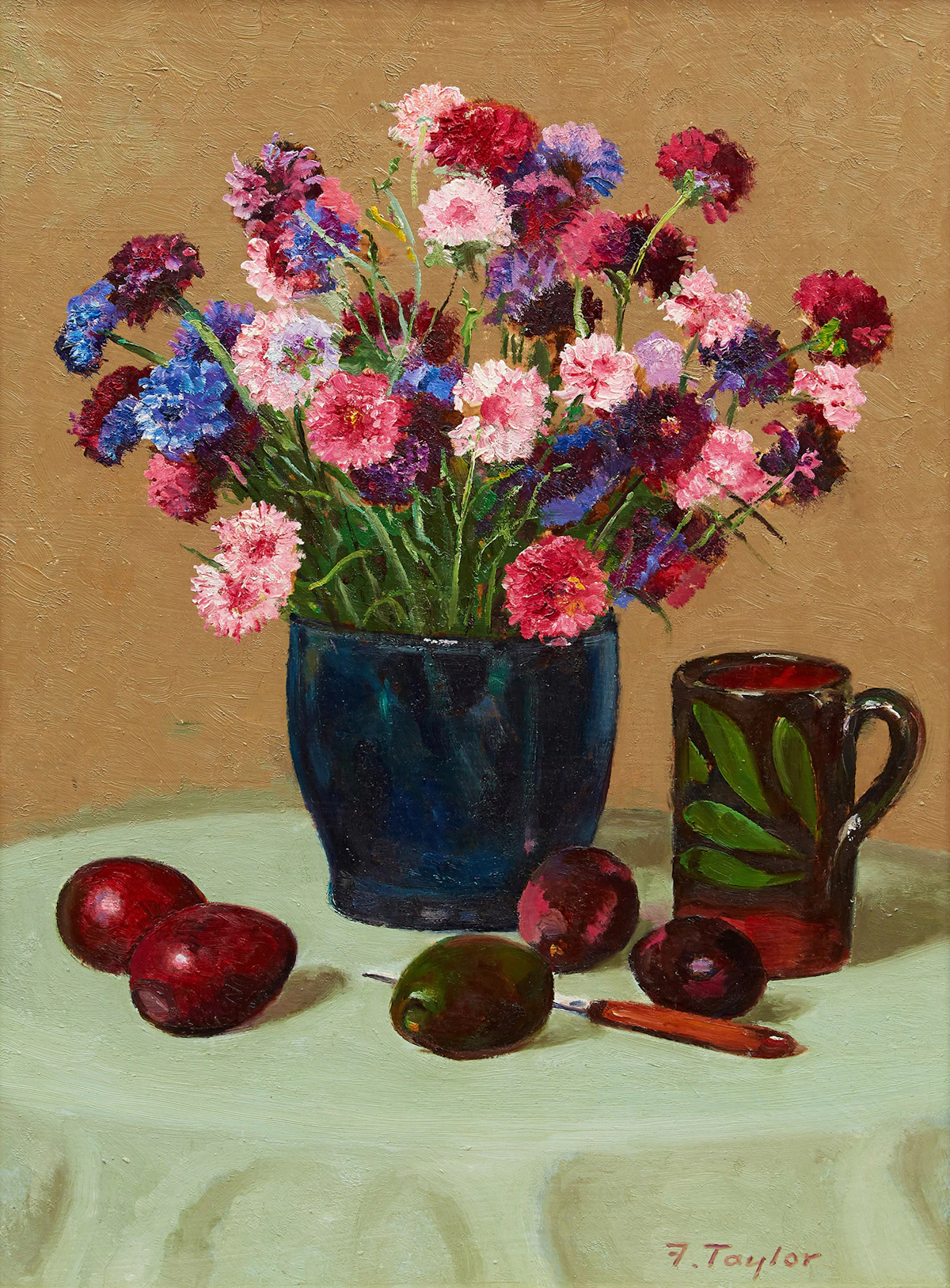 Frederick Bourchier Taylor, Still Life: Cornflowers, Avocados, etc. , oil on board, 1982