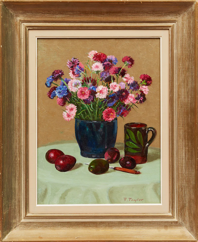 Frederick Bourchier Taylor, Still Life: Cornflowers, Avocados, etc. , oil on board, 1982 - view 2