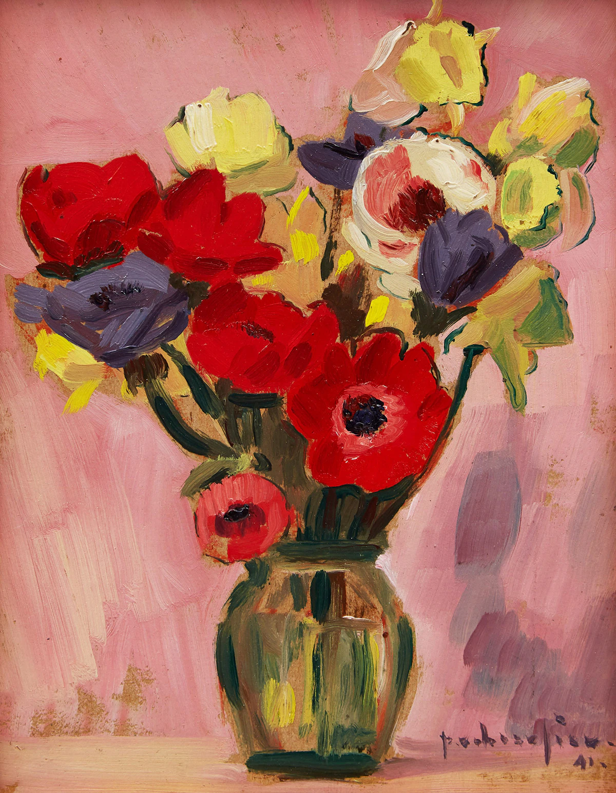 Paul-Vanier Beaulieu, Still Life with Flowers , oil on panel, 1941