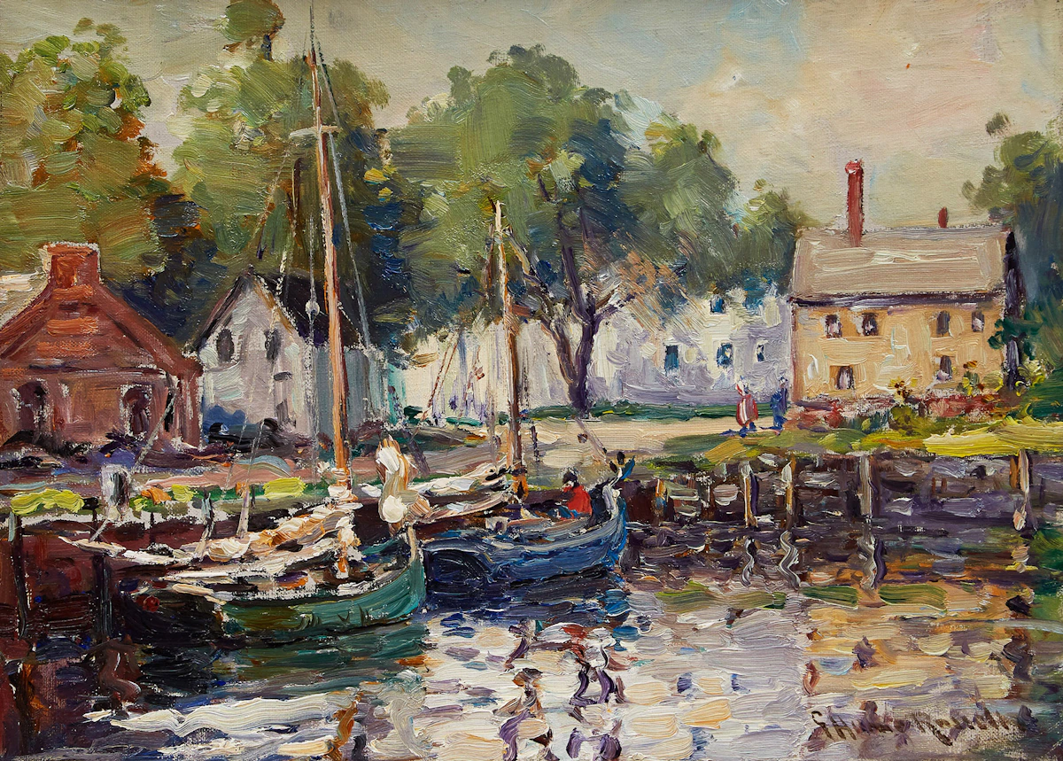 George Horne Russell, Boats Docked at the Harbour , oil on canvas