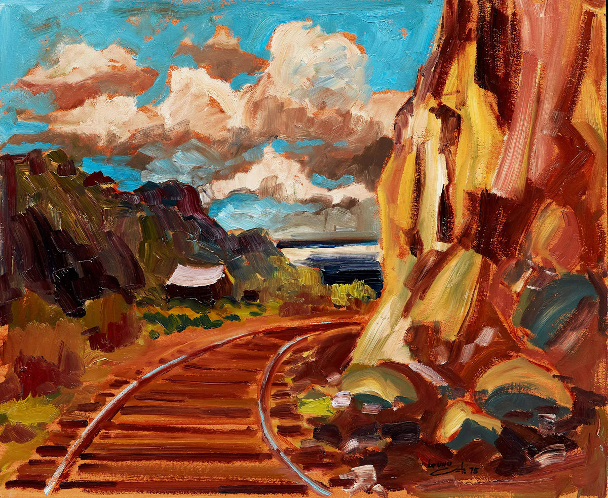 Bruno Côté, Mountainside Train Tracks, oil on masonite, 1975