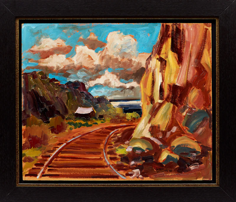 Bruno Côté, Mountainside Train Tracks, oil on masonite, 1975 - view 2