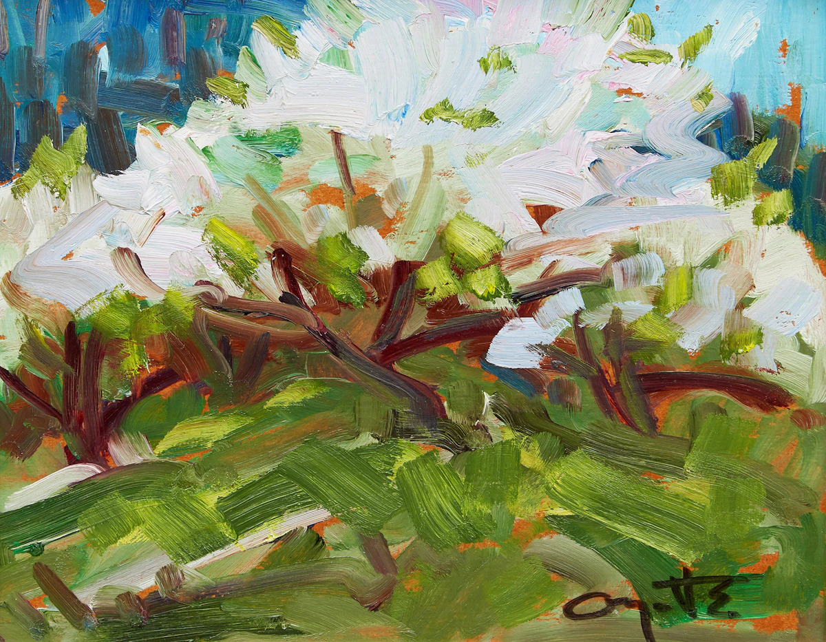 Leo Ayotte, Pommiers, St. Hilaire , oil on board, 1972