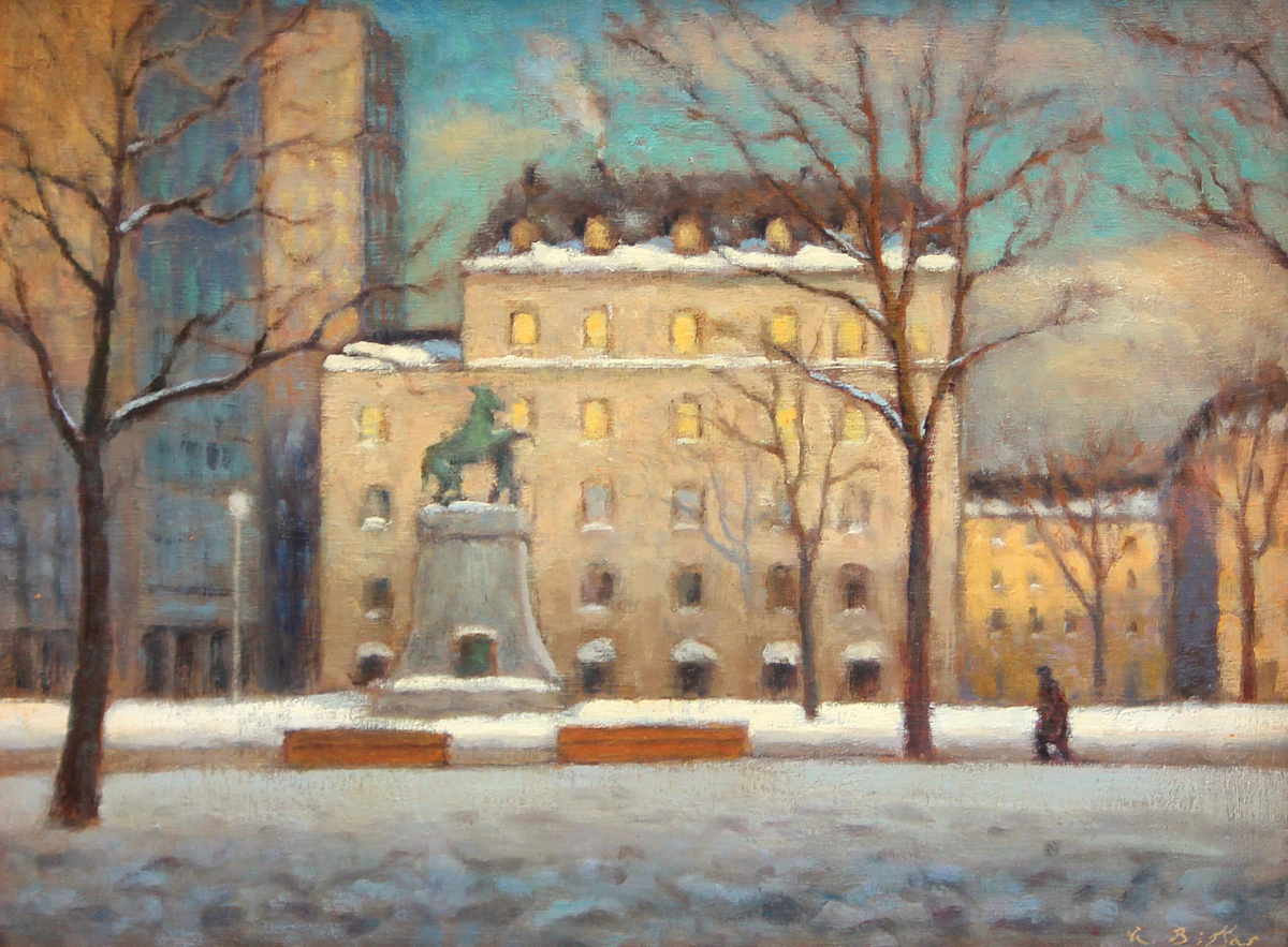 Antoine Bittar, Dorchester Square, Montreal , oil on board, 2014 