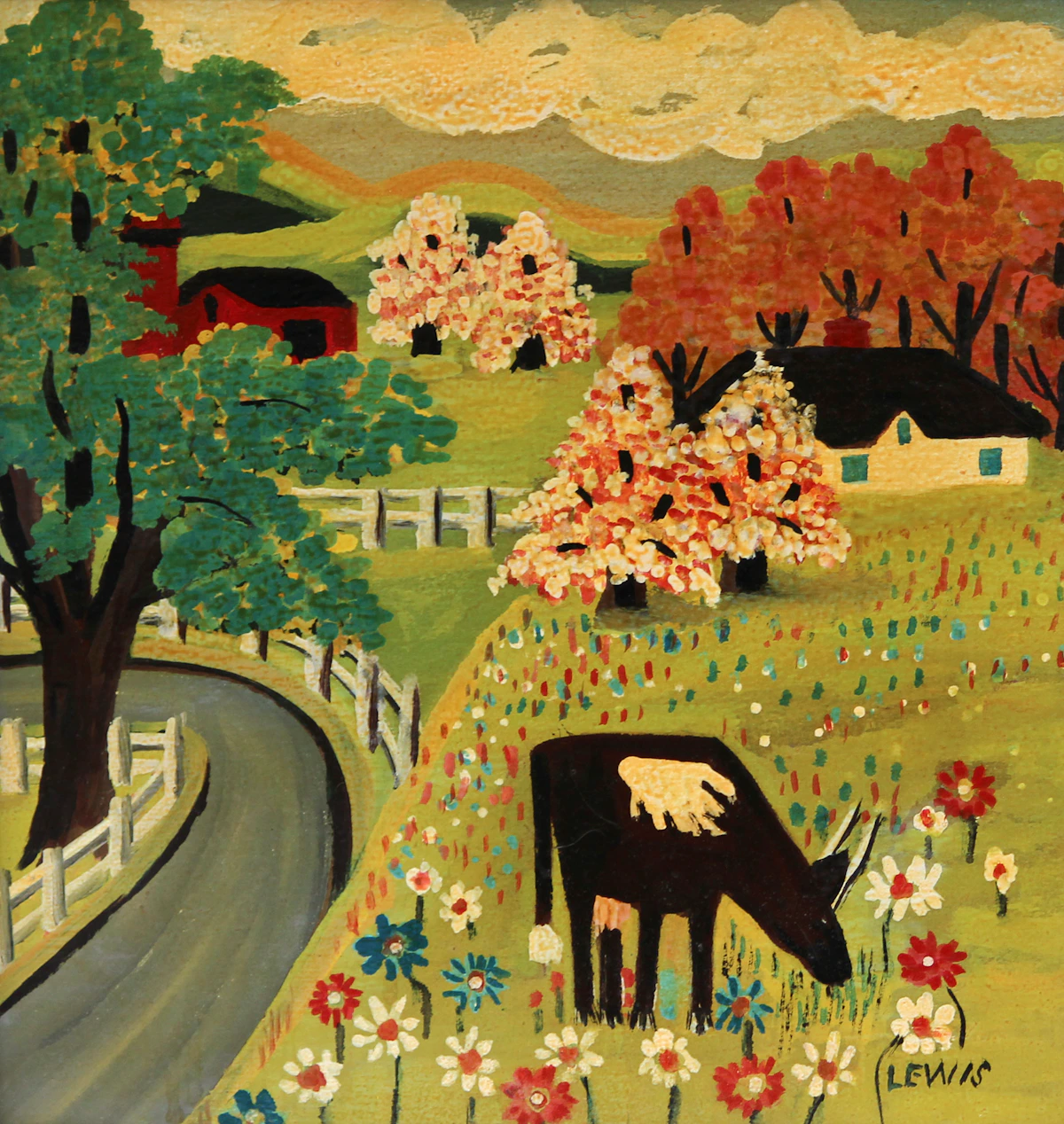 Maud Lewis, Cow in Springtime, mixed media on board, circa 1945