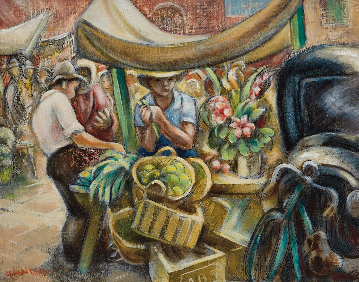 André Charles Biéler, The Market Stall, oil on board