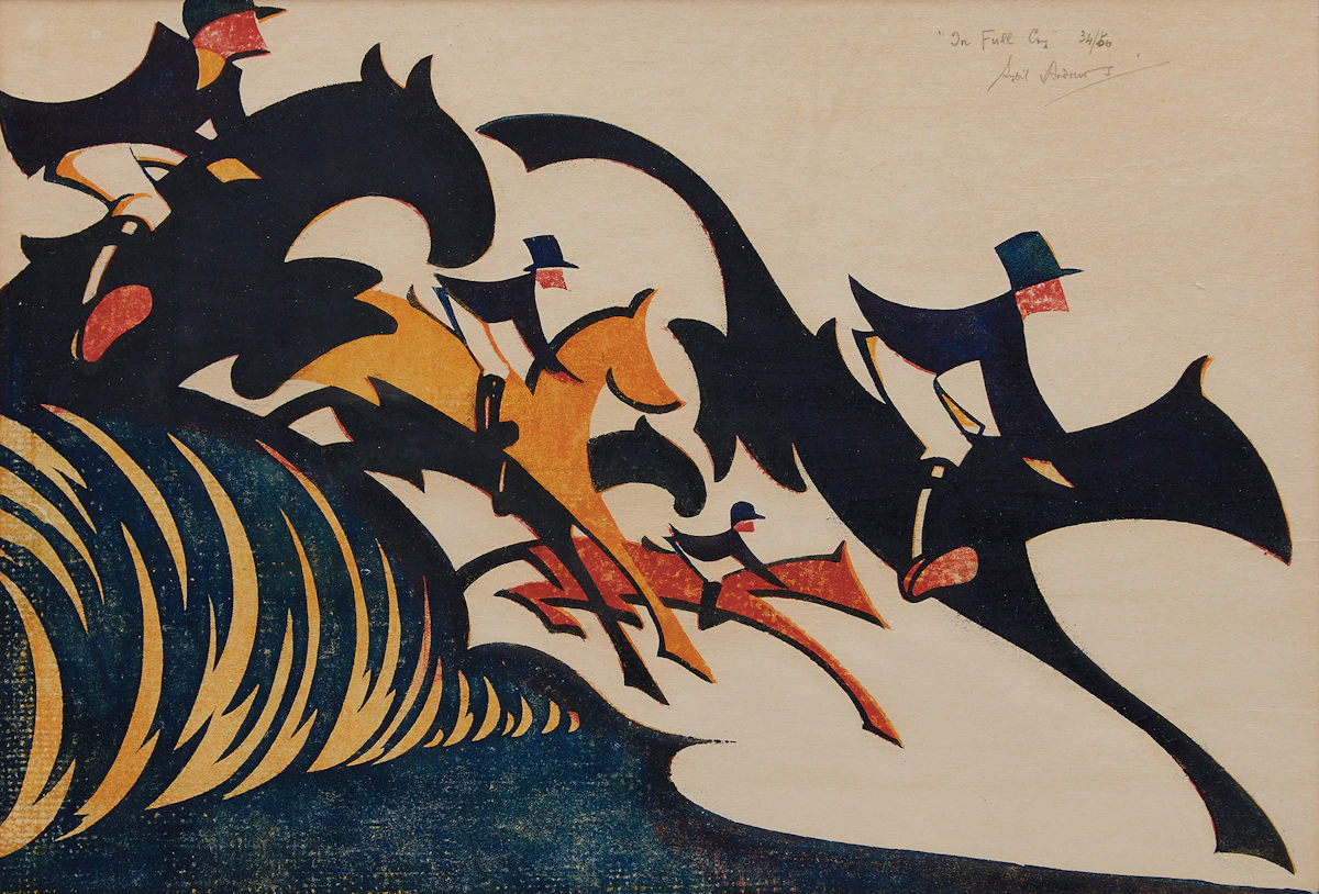 Sybil Andrews, In Full Cry, laid on card, 1931