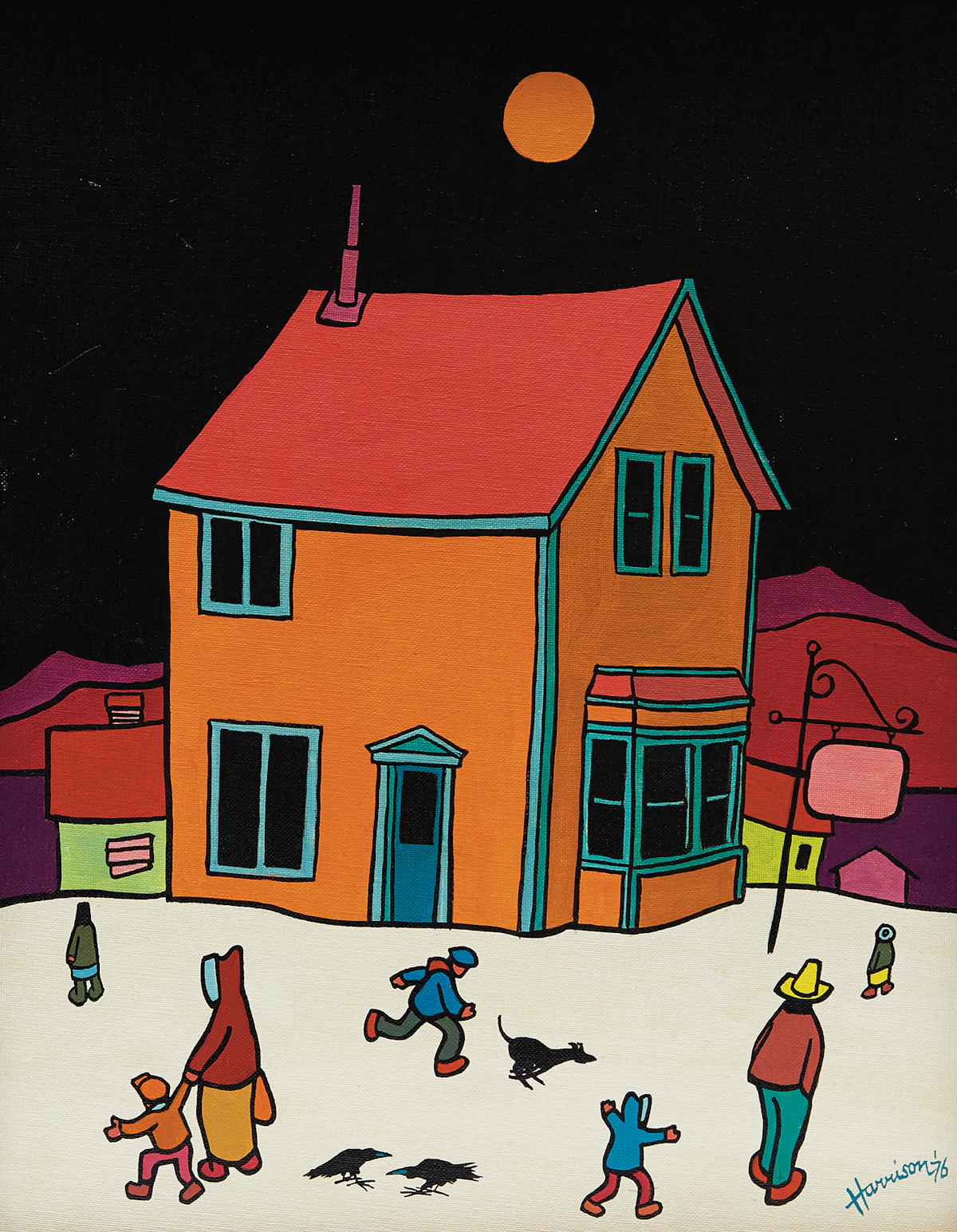 Ted Harrison, House of the Harveys, Atlin, acrylic on canvas board, 1976
