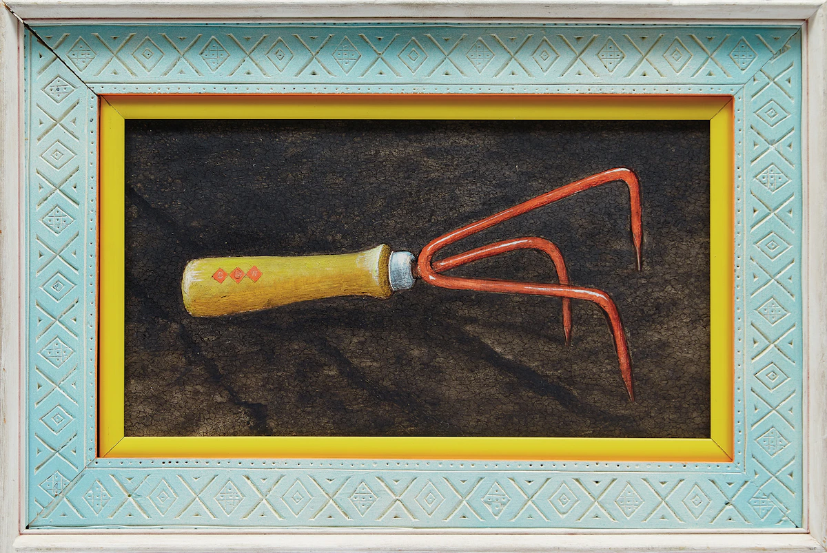 William Kurelek, Hand Garden Rake / Three to Get Married, mixed media on board