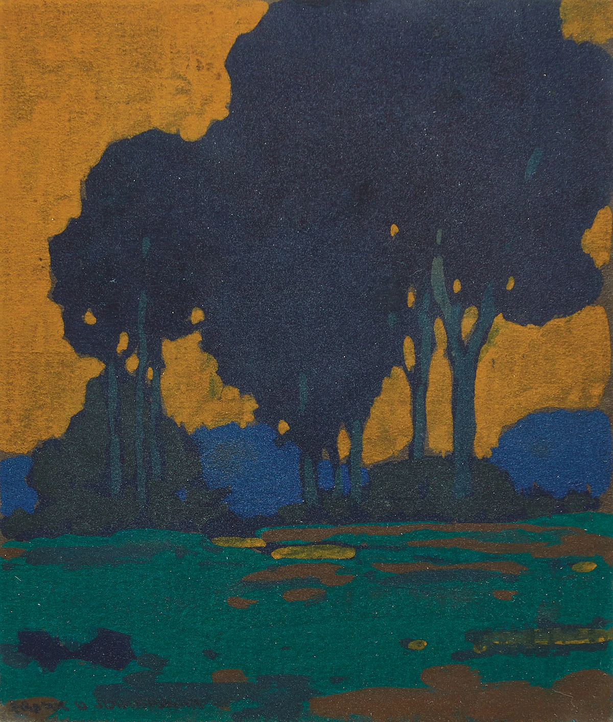 Frank Hans Johnston, Old Elms, tempera on card, 1919