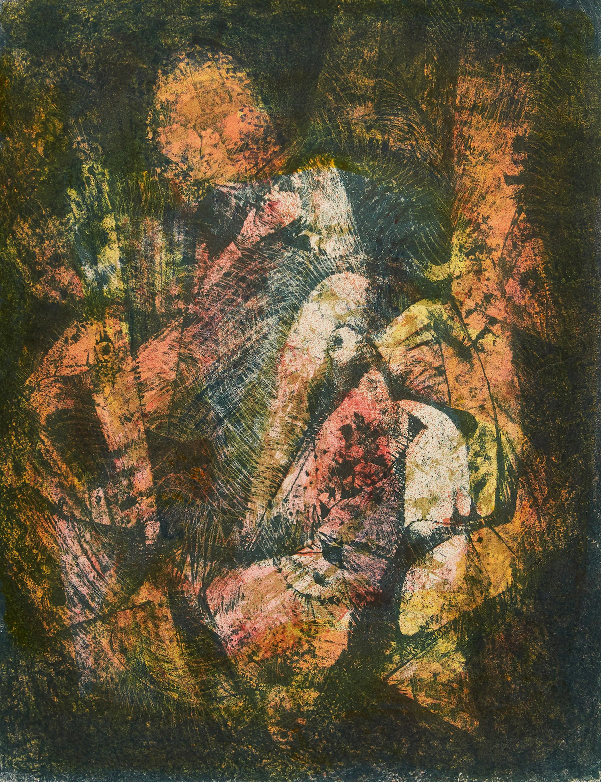 Léon Bellefleur, Roses-Fusees, colour etching, 1958